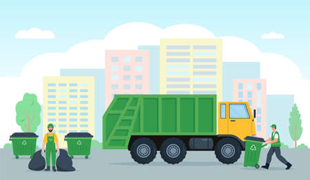 Garbage collection, Waste recycling and transportation in city. Sanitary Vehicle or garbage truck, bins and dustmen scavengers workers. Vector flat or cartoon concept illustration.のイラスト素材