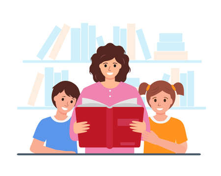 Happy family reading paper book near bookshelves. Mother reads book to children. Education, literature, knowledge flat or cartoon vector illustration.のイラスト素材