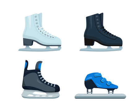 Set of different ice skates. White and black Figure Skates, Hockey and Short Track speed skates icons isolated on white background. Winter sport accessories vector illustration.のイラスト素材