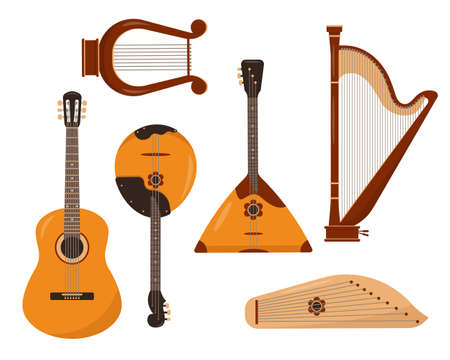 Stringed plucked musical instruments set. Guitar with six strings, harp and lyre, balalaika, domra and gusli icons isolated on white background. Vector illustration in flat or cartoon style.のイラスト素材