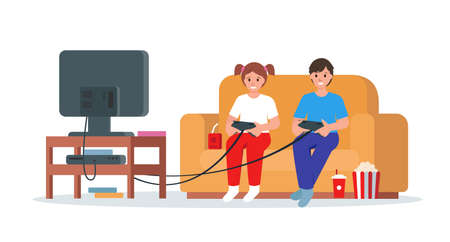 Two Children sitting on sofa and playing video games. Brother and sister spend free time together at home with game console and TV. Boy and girl charactrs. Flat or cartoon vector illustration.のイラスト素材