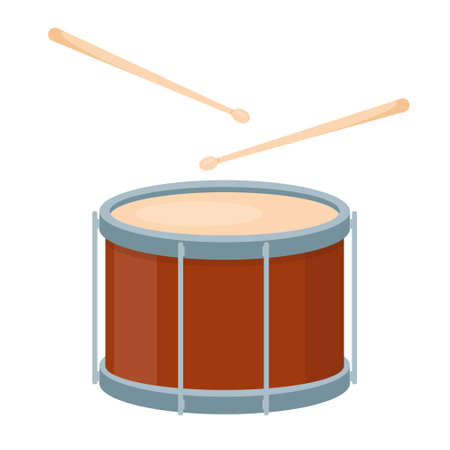 Brown drum and wooden drumsticks isolated on white background. Drums icon musical instrument. Vector illustration in flat cartoon style.のイラスト素材