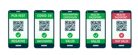 Mobile phones with QR-code App on the screens. Health Passport, PCR test, Covid-19 immune...