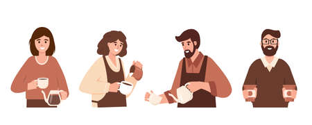 Set of Baristas making Coffee. Male and female characters working in coffee shop or cafe. Flat or cartoon Vector illustration isolated on white background.のイラスト素材