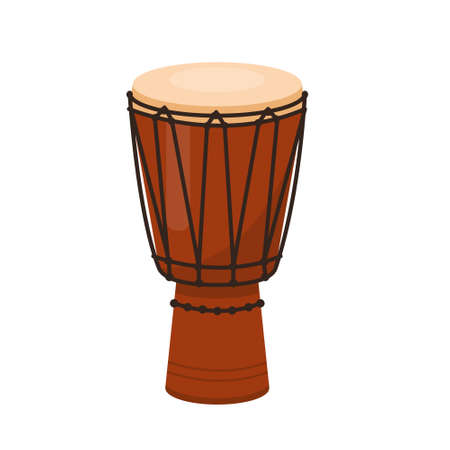 Ethnic wooden Djembe icon isolated on white background. African hand drum djembe. Folk percussion musical instrument. Vector illustration in flat cartoon style.のイラスト素材