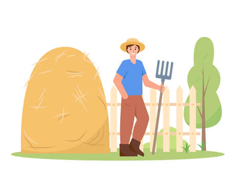 Young happy farmer or agricultural worker with pitchfork and haystack. Flat or cartoon character vector illustration.のイラスト素材