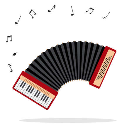 Playing accordion with musical notes isolated on white background. Keyboard Accordion icon. Classical musical instrument for music concert. Flat or cartoon Vector illustration.のイラスト素材