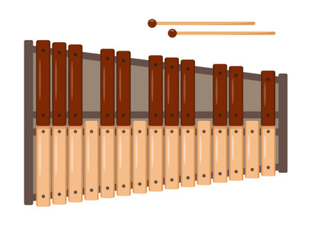 Professional Wooden Xylophone with two percussion mallets isolated on white background. Percussion musical instrument icon. Vector illustration in flat cartoon style.のイラスト素材