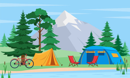 Summer or spring landscape with mountain, forest, lake and camping tents. Tourist Camping concept. . Vector banner or poster illustration.のイラスト素材