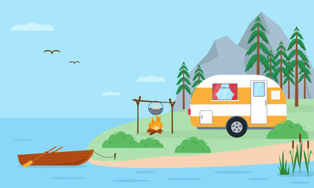 Camping landscape witn mountain, camping trailer, fir trees, boat and a bonfire. Sports, adventures in nature, recreation and tourism concept banner or poster. Vector flat illustration.のイラスト素材