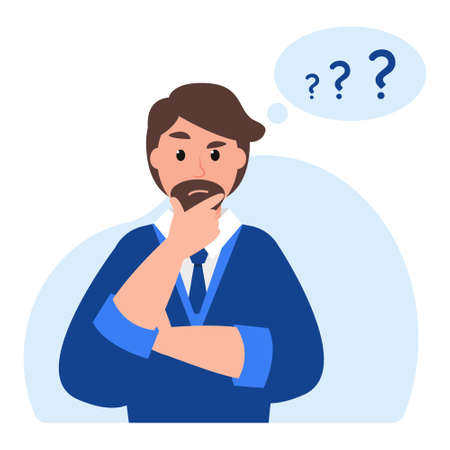 Thinking man and question marks in bubble. Thoughtful businessman. Brainstorm new idea. Vector illustration.のイラスト素材