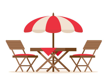 Furniture for summer patio holiday. Restaurant or cafe wooden table with chairs and beach umbrella. Vector illustration isolated on white background.のイラスト素材