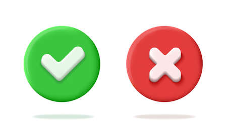 Realistic 3d green and red circle button with check and cross marks. Right and wrong sign. Ok yes no...