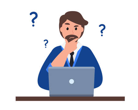 Young man is working on laptop and thinking. Thoughtful businessman. Brainstorm new idea. Vector illustration on white background.のイラスト素材