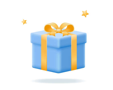 Blue gift box with gold ribbon. Realistic 3d icon for sale concept, present, birthday or wedding banners. Vector illustration isolated on white background.のイラスト素材