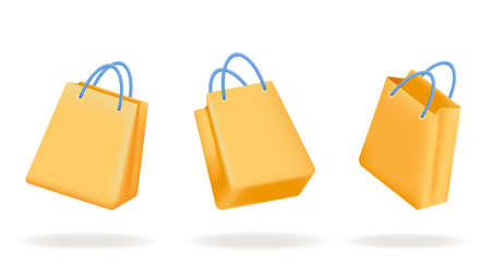 Set of 3d yellow Shopping bags. Sale, discounts, Online shopping concept. Realistic vector illustration isolated on white background.のイラスト素材