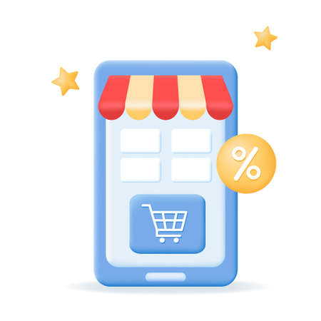 Realistic 3D mobile smartphone with shopping app. Online store or shopping on application and website concept. Vector illustration isolated on the white background.のイラスト素材