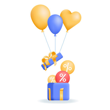 3d blue open gift box with gold ribbon bow and balloons. Realistic concept for sale and discounts banner. Vector illustration isolated on white background.のイラスト素材