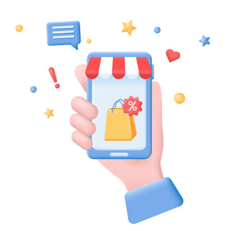 Hand holding smartphone with shopping bag on screen for sale and discount concept. Realistic 3d mobile phone vector illustration isolated on the white background.のイラスト素材