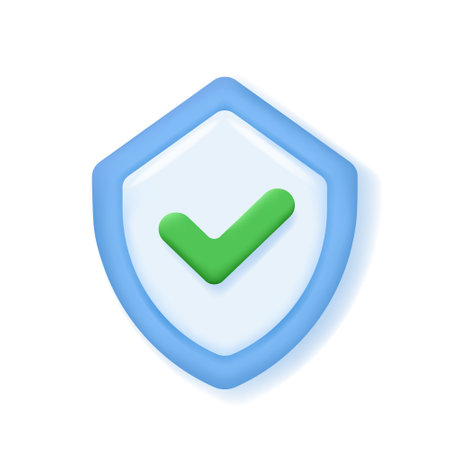 3d Shield icon with check mark. Protection, safety, password security symbol. Vector illustration isolated on white background.の写真素材