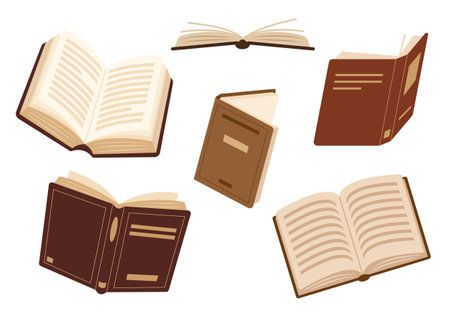 Set of old open flying books. Education and science elements isolated on white background. Historical retro vector illustration.のイラスト素材