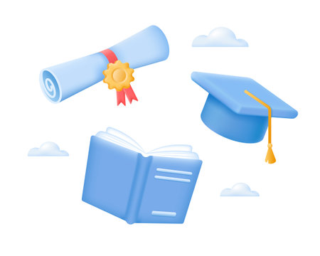 3d Education, learning courses concept. Graduate cap, diploma and book. University, college or school graduation Vector illustration.のイラスト素材