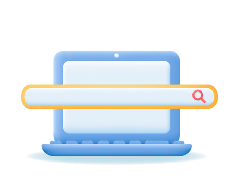 3d Laptop with search line or bubble. Navigation search for browser, template, website, analysis concept. Vector illustration.のイラスト素材