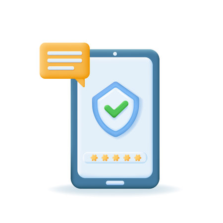 3d smartphone with protective system. Protection, safety, password, personal data security and privacy concept. Vector illustration isolated on white background.のイラスト素材