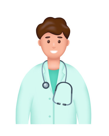 Smiling man doctor avatar in uniform with stethoscope. Healthcare and medicine concept. 3d Realistic cartoon character vector illustration isolated on white background.のイラスト素材