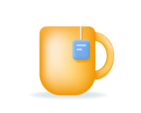Yellow Cup of tea icon isolated on white background. Mug with tea bag. Tea time, breakfast concept. 3d vector illustration.のイラスト素材