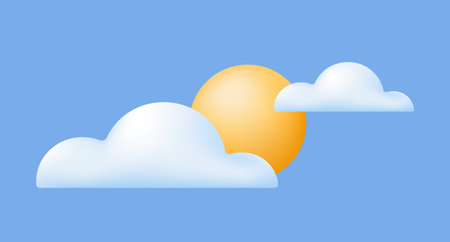3d yellow sun with clouds on blue background. Vector illustration.のイラスト素材