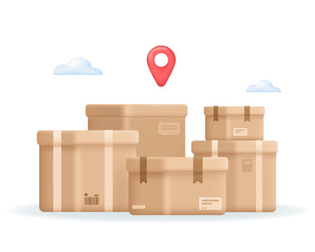 Delivery or shopping concept. 3d cardboard boxes for transporting goods. Carton delivery packaging. Vector icon illustration isolated on white background.のイラスト素材