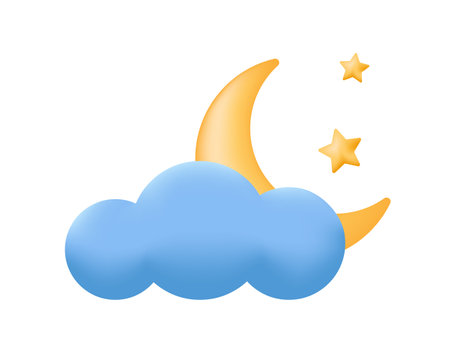 Yellow moon and blue cloud. Weather forecast element. Meteorology icon isolated on white backrgound. Weather forecast element. 3d Vector illustration.のイラスト素材