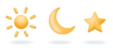 3d weather or forecast elements. Sun, moon and star icons. Vector illustrations isolated on white background.のイラスト素材
