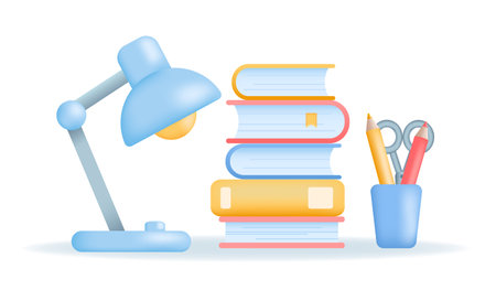 Education, learning, knowledge and study concept. Lamp, books and stationery for school, college or utiversity. 3d Realistic Vector illustration isolated on white background.のイラスト素材