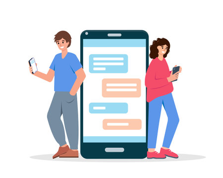 Young smiling man and woman holding phone for communication, chatting, read news and write messages in social media and big smartphone with chat or sms. Vector illustration.のイラスト素材