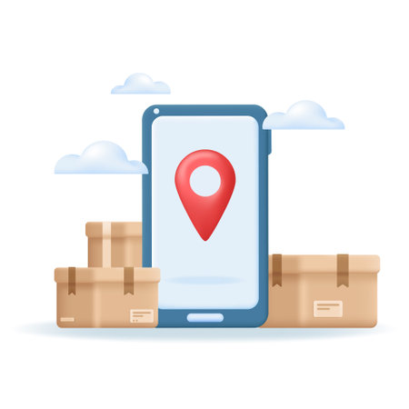 Smartphone with Navigation pin location checking icon and boxes. 3d online delivery or Fast shipping concept or mobile app. Vector illustration isolated on white background.のイラスト素材
