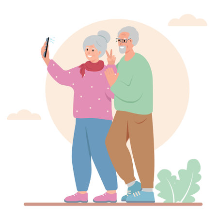 Couple of Elderly People using smartphone to take self-portrait. Senior smiling men and women taking selfie. Active grandparents traveling. Vector flat illustration isolated on white background.のイラスト素材