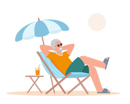 Elderly man tourist in beach chair under umbrella. Senior smiling men relax. Retirement, travel, summer tourism concept. Vector flat illustration isolated on white background.のイラスト素材