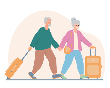 Couple of Elderly People tourists. Grandparents with suitcases going to travel. Senior smiling men and women traveling. Vector flat illustration isolated on white background.のイラスト素材
