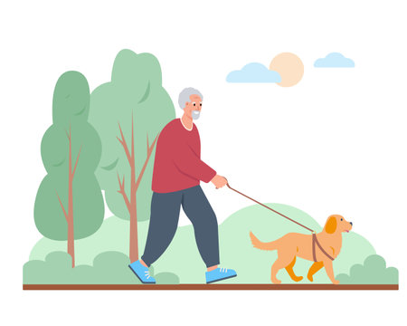 Elderly man walking with dog. Senior or old people active and healthy lifestyle concept concept. Vector cartoon or flat illustration.のイラスト素材