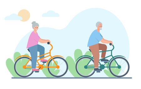 Elderly man and woman cycling. Senior couple of old people riding bikes. Active and healthy lifestyle concept. Vector cartoon or flat illustration.のイラスト素材