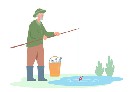 Elderly fisherman with rod and fish near pond or lake. Hobby or active healphy lifestile of senior people concept. Vector illustration.のイラスト素材