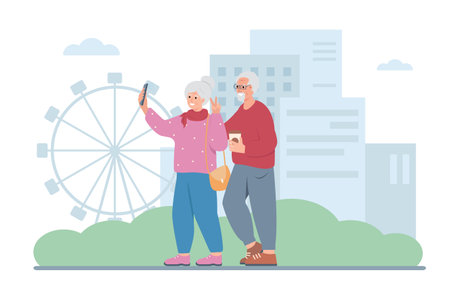 Couple of Elderly People using smartphone to take self-portrait in city with skyscrapers. Senior smiling man and woman traveling. Active grandparents concept. Vector flat illustration.のイラスト素材