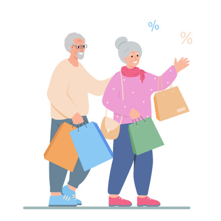 Senior man and woman with shopping bads at sale. Elderly couple go shopping together. Active lifestyle for grandparents. Vector cartoon or flat illustration.のイラスト素材