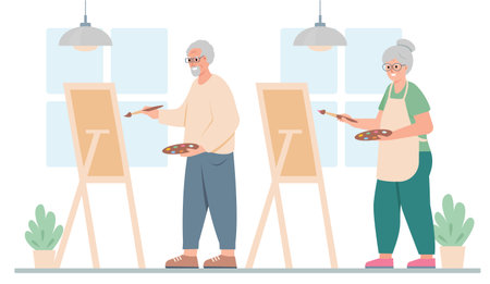 Elderly man and woman artist painting picture on easel. Senior people active lifestyle and creative hobby concept. Vector cartoon or flat illustration.のイラスト素材