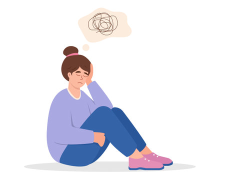 Sad unhappy young woman character. Girl with tangled thoughts. Depression, Stress, Mind Health Problem, Mental Disease. Vector illustration isolated on white background.のイラスト素材