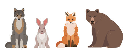 Set of wild forest animals in different poses. Gray wolf, red fox, brown bear and gray hare or rabbit. Animal icons isolated on white background. Vector illustration.のイラスト素材