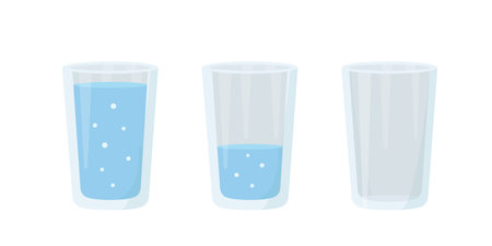 Glasses for drinks. Glass full of water, half filled and empty glass. Vector illustration isolated on white background.のイラスト素材
