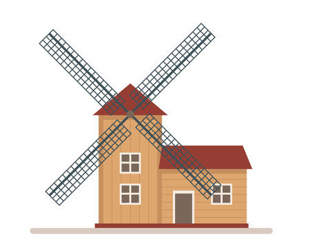 Wooden windmill icon isolated on white background. Traditional farm building for grinding wheat grains to flour. Dutch or netherland wind Mill. Vector illustrations.のイラスト素材